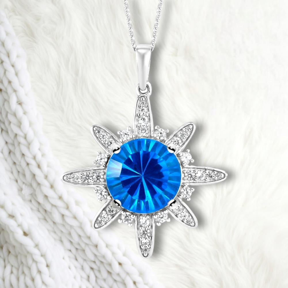 NWT CARIBBEAN QUARTZ & WHITE ZIRCON PENDANT NECKLACE IN PLATINUM OVER STERLING